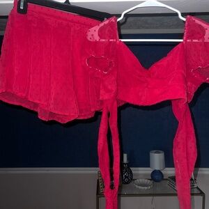 Red Two-Piece Set with Crop Top and Skirt